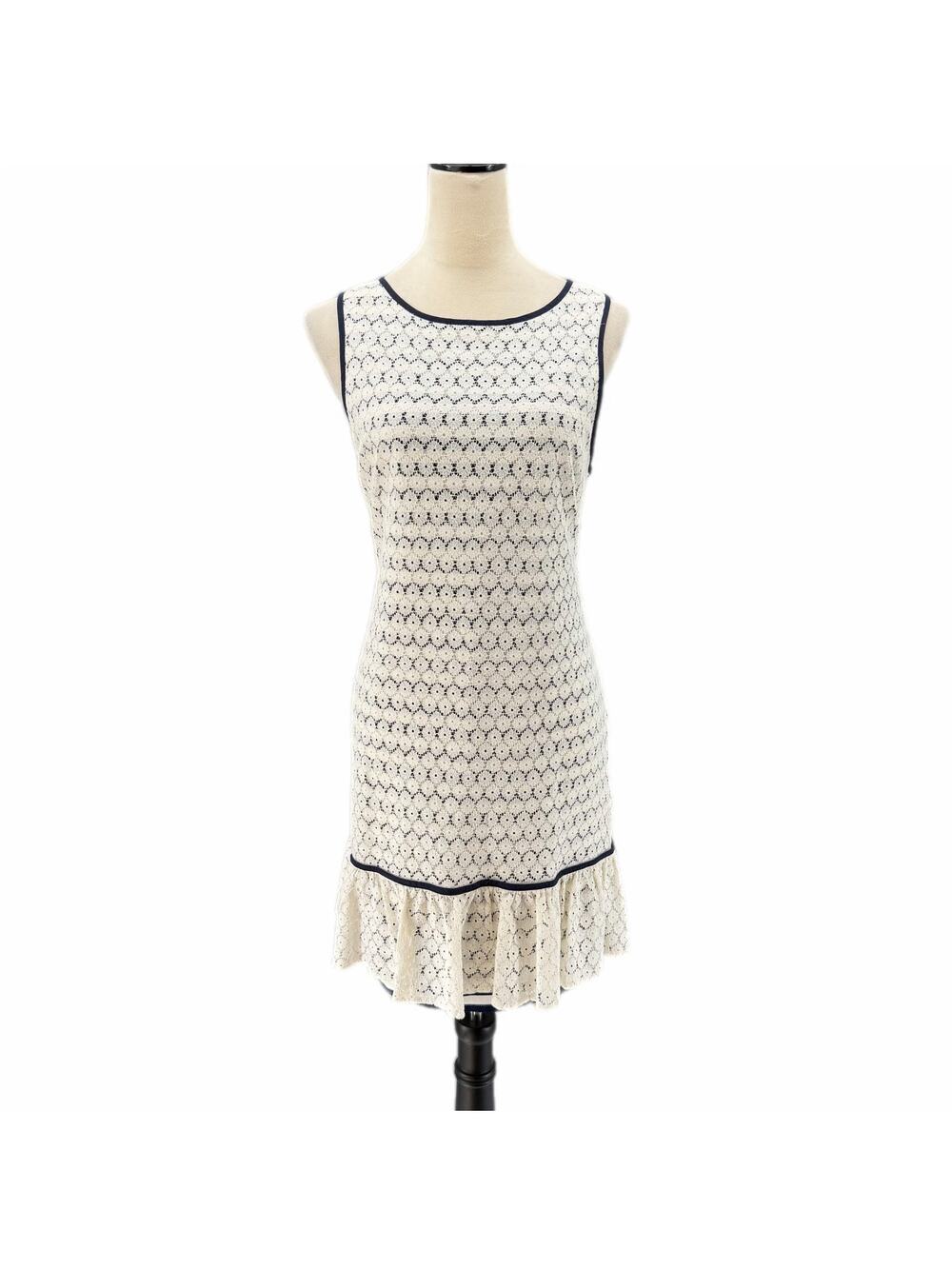 J. Taylor Ivory Lace Navy Blue Striped Ruffle Shift Sleeveless Cute Mini Dress